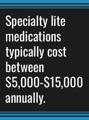 A quote on a black background that states, "Specialty lite medications typically cost between $5,000-$15,000 annually."